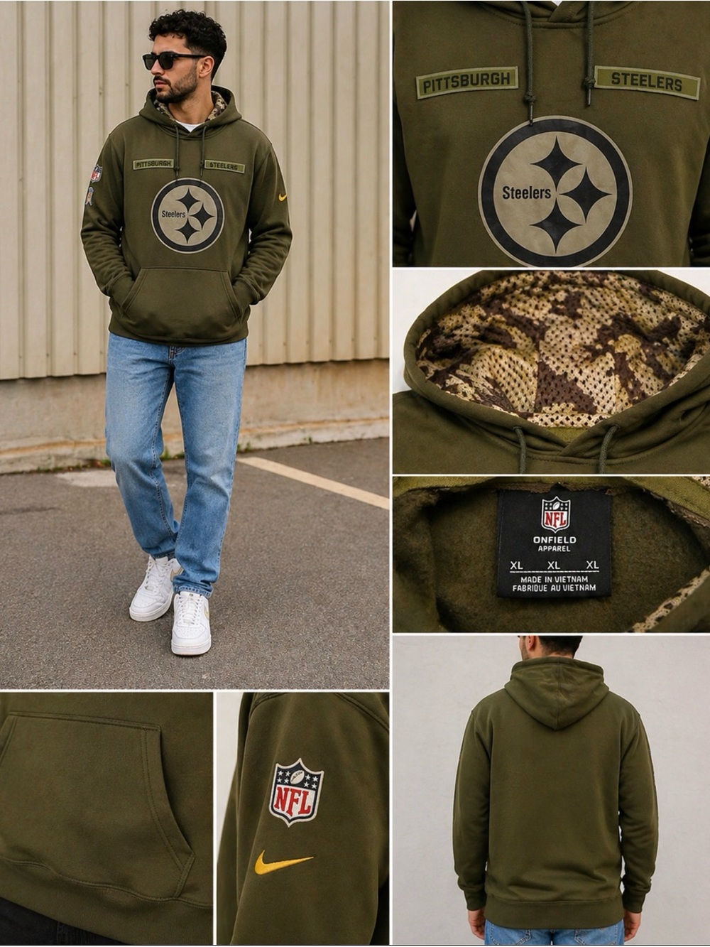 NFL Pittsburgh Steelers Hoodie XL Olive Green Camo Lined On Field Pullover.